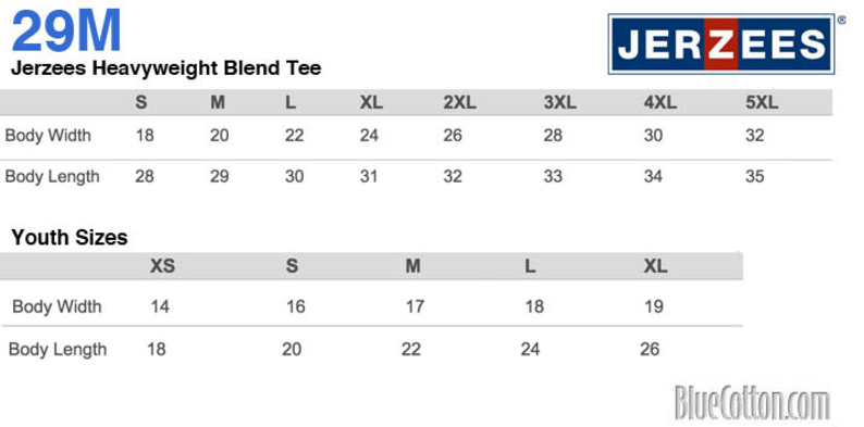 Size chart for a 29M Jerzees Vintage Heathers
